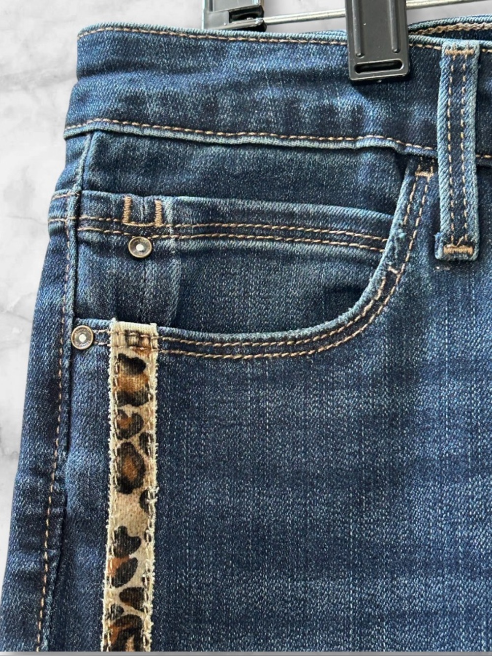 Skinnygirl Broadway High-Rise Dark Blue Skinny Jeans Leopard Side Stripe Size 12 - Picture 6 of 15